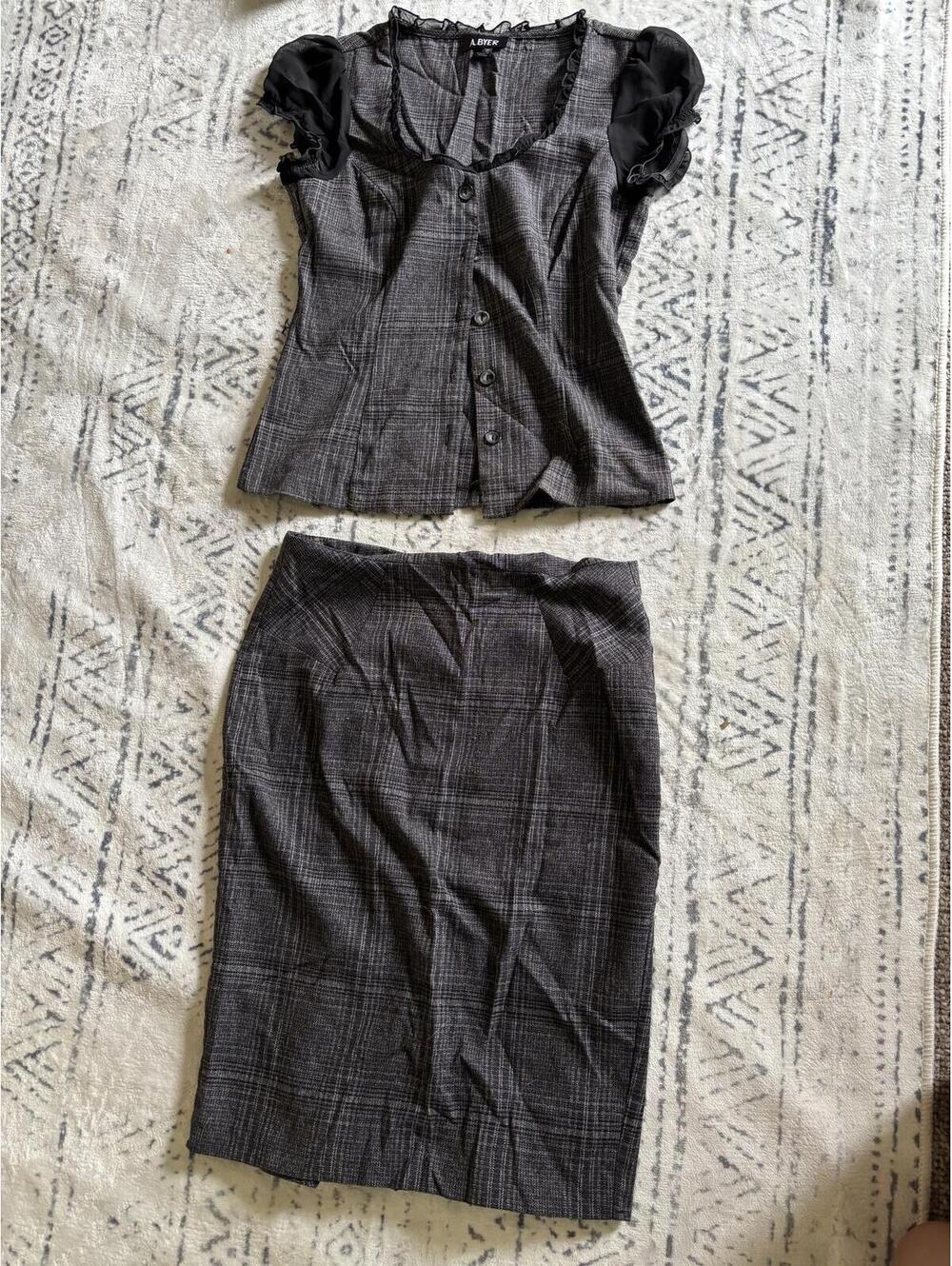 A.BYER Two-Piece Plaid Skirt Set Puff Sleeve Top and Pencil Skirt